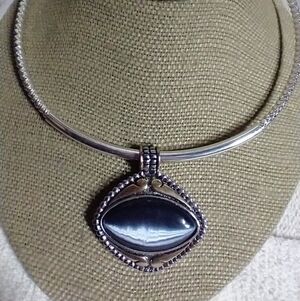 Silvertone goldtone two tone choker collar large cats eye 👁️ pendant necklace